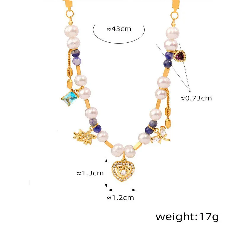 18K Gold Exquisite and Noble Love/Water Drop Inlaid Zircon and Pearl Design Necklace