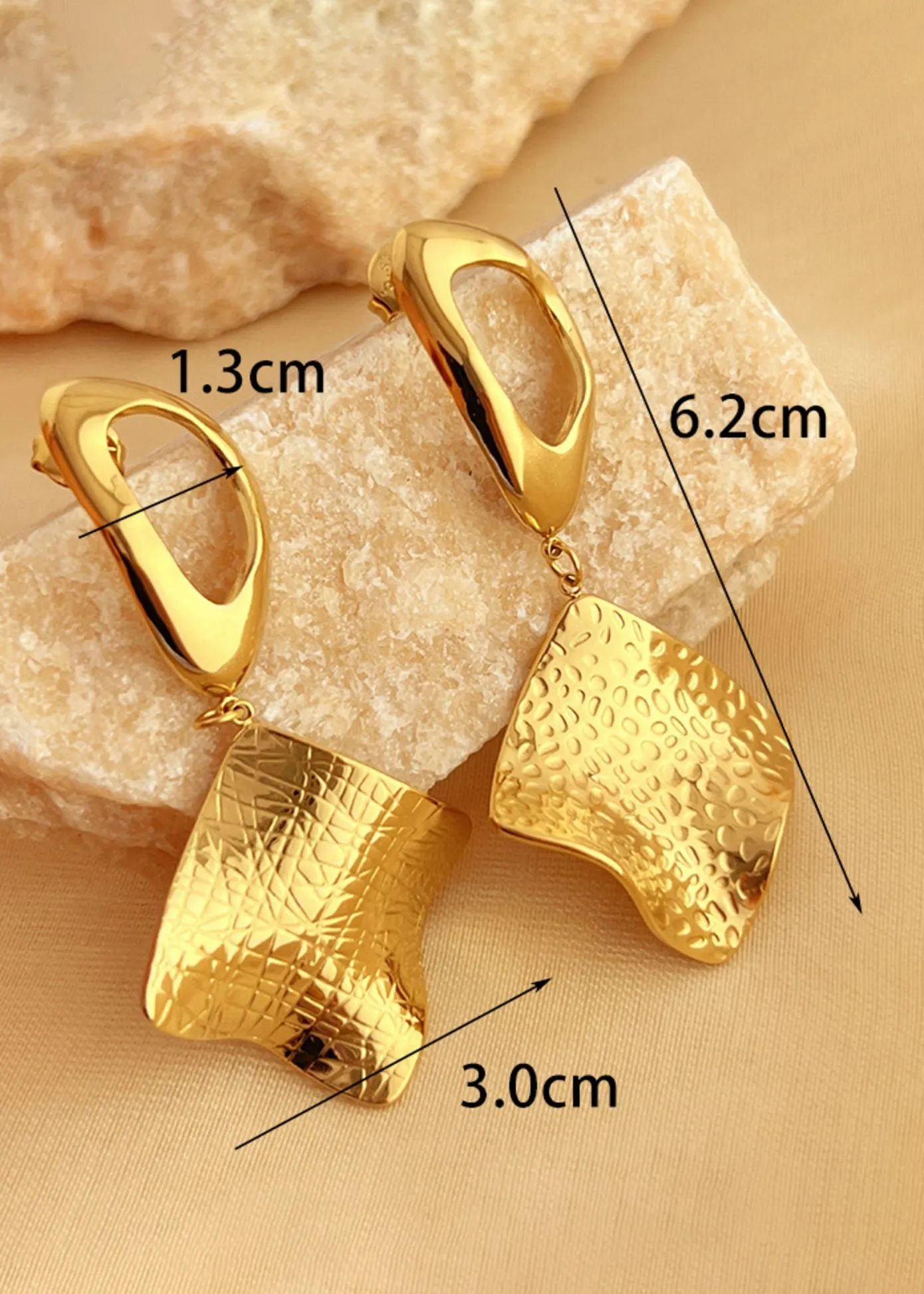 18K Gold Plate Hoop Textured Square Drop Earrings
