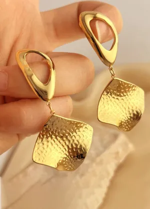 18K Gold Plate Hoop Textured Square Drop Earrings