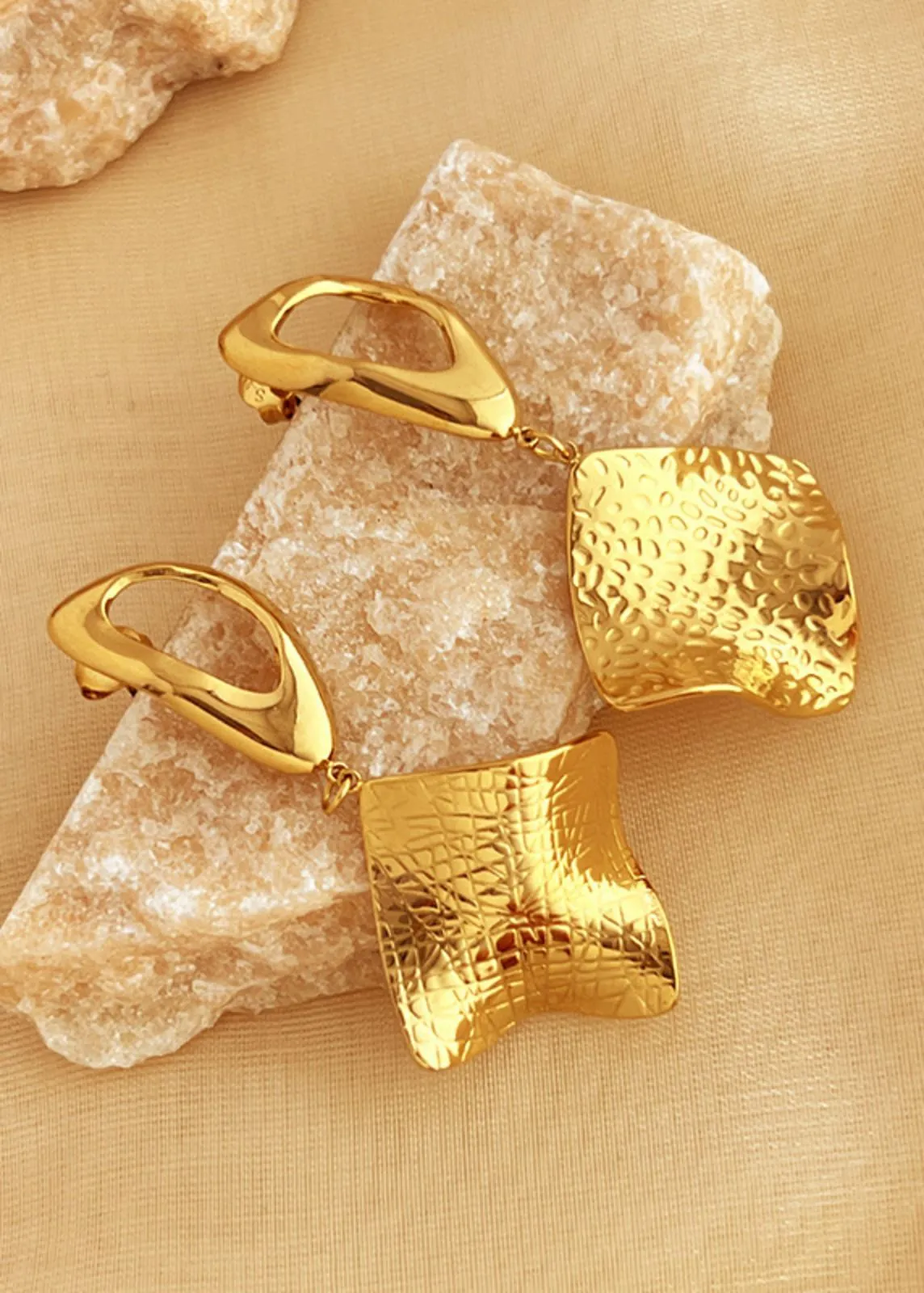 18K Gold Plate Hoop Textured Square Drop Earrings