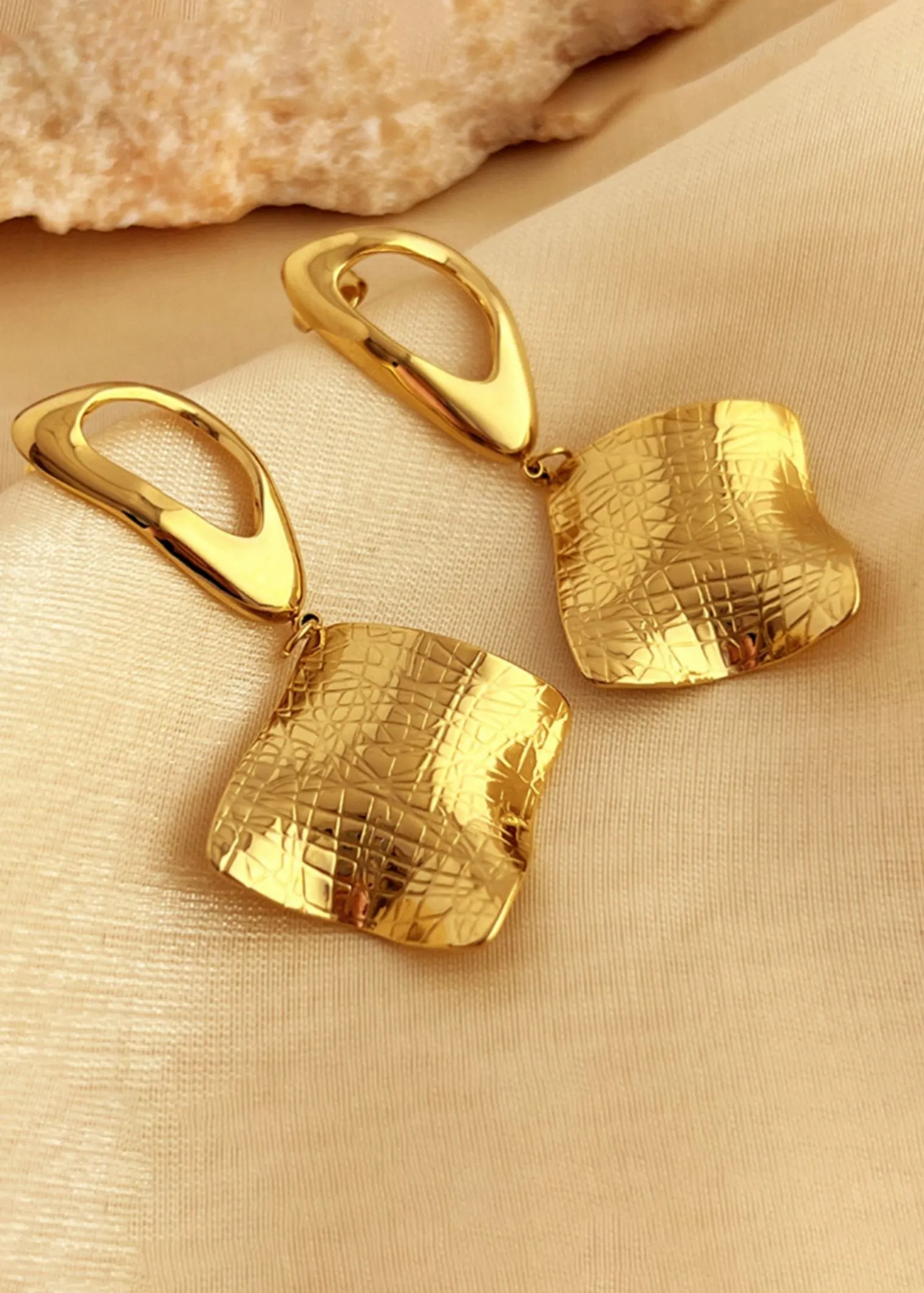 18K Gold Plate Hoop Textured Square Drop Earrings