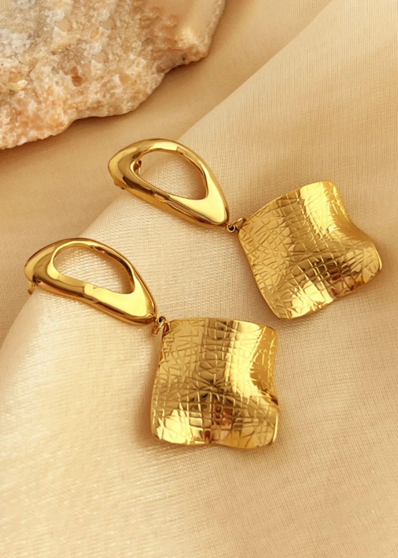 18K Gold Plate Hoop Textured Square Drop Earrings
