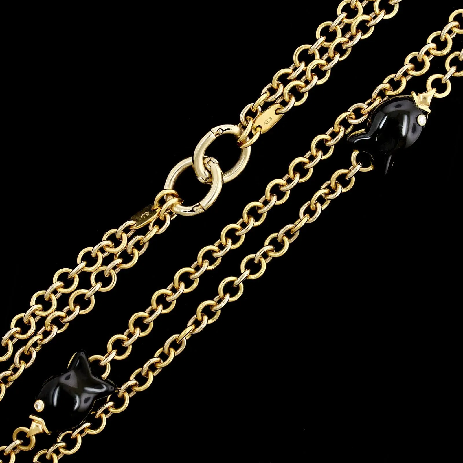 18K Yellow Gold Estate Onyx and Diamond Fish Necklace