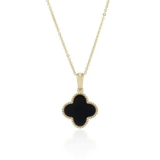 9ct Yellow Gold Onyx Clover Pendant Necklace