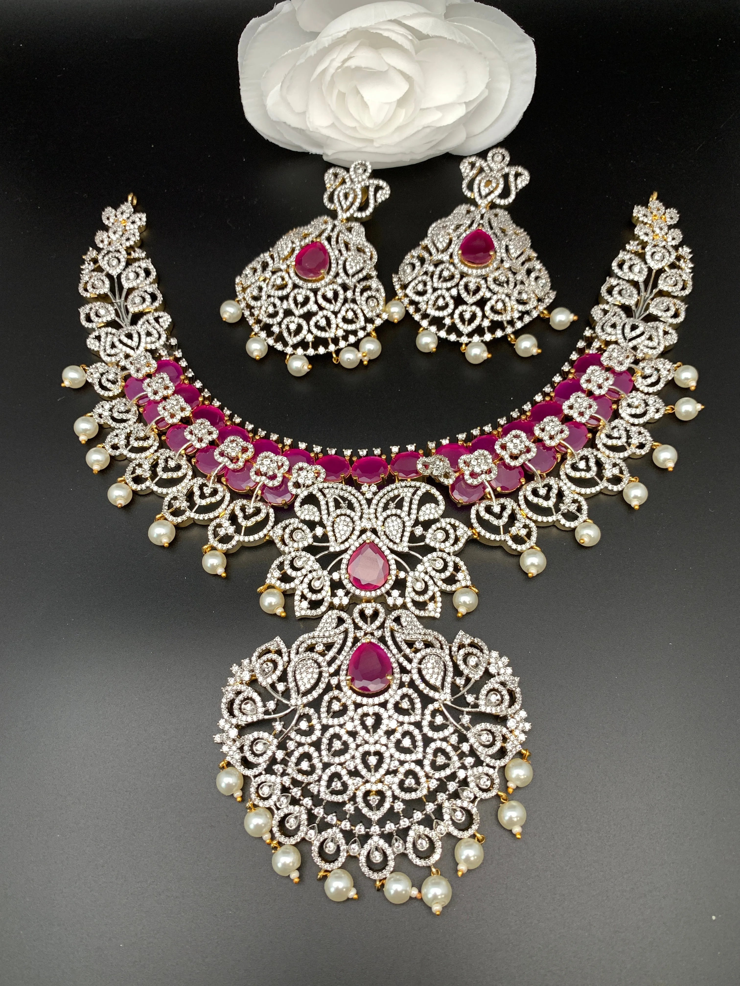 AD Ruby Red Stone Short Neckline Necklace