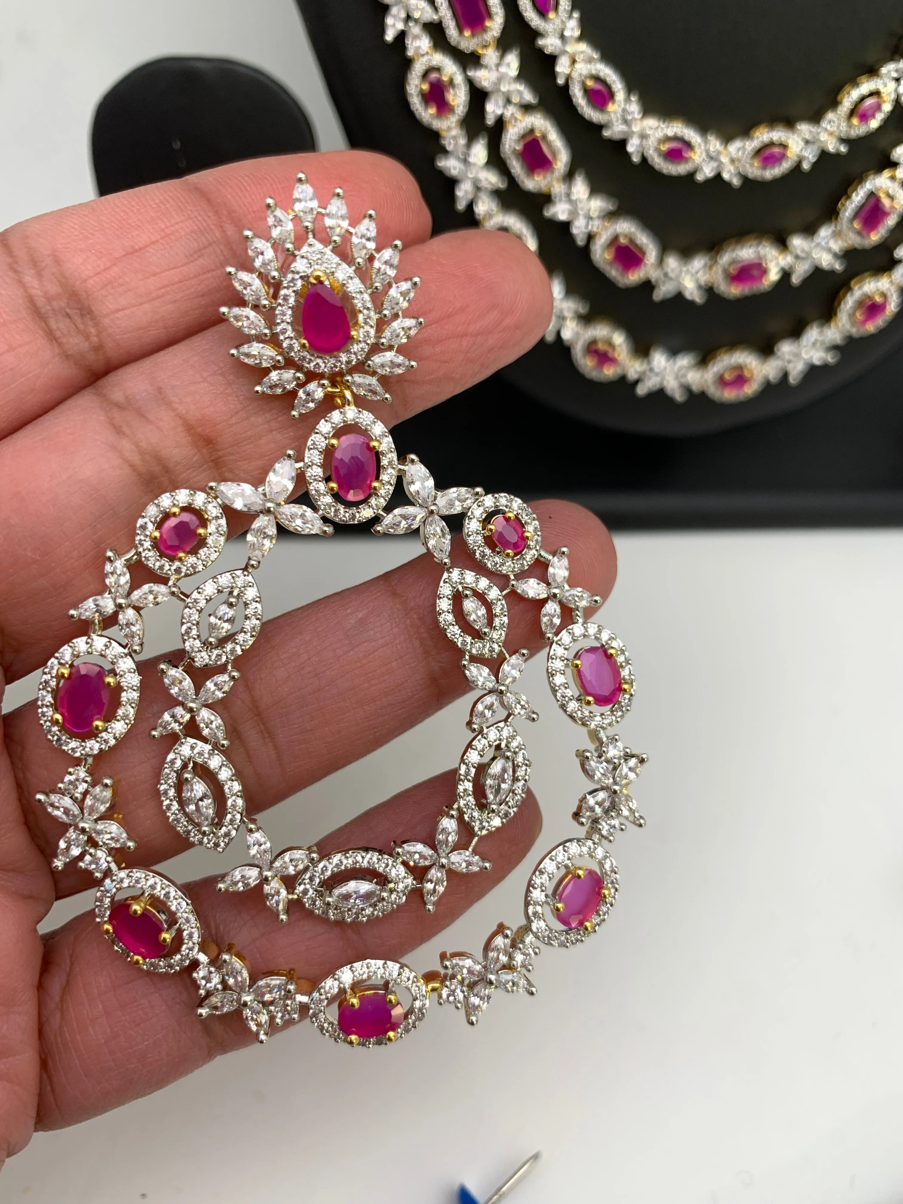 AD Ruby Red Stone Three Layer Short Necklace