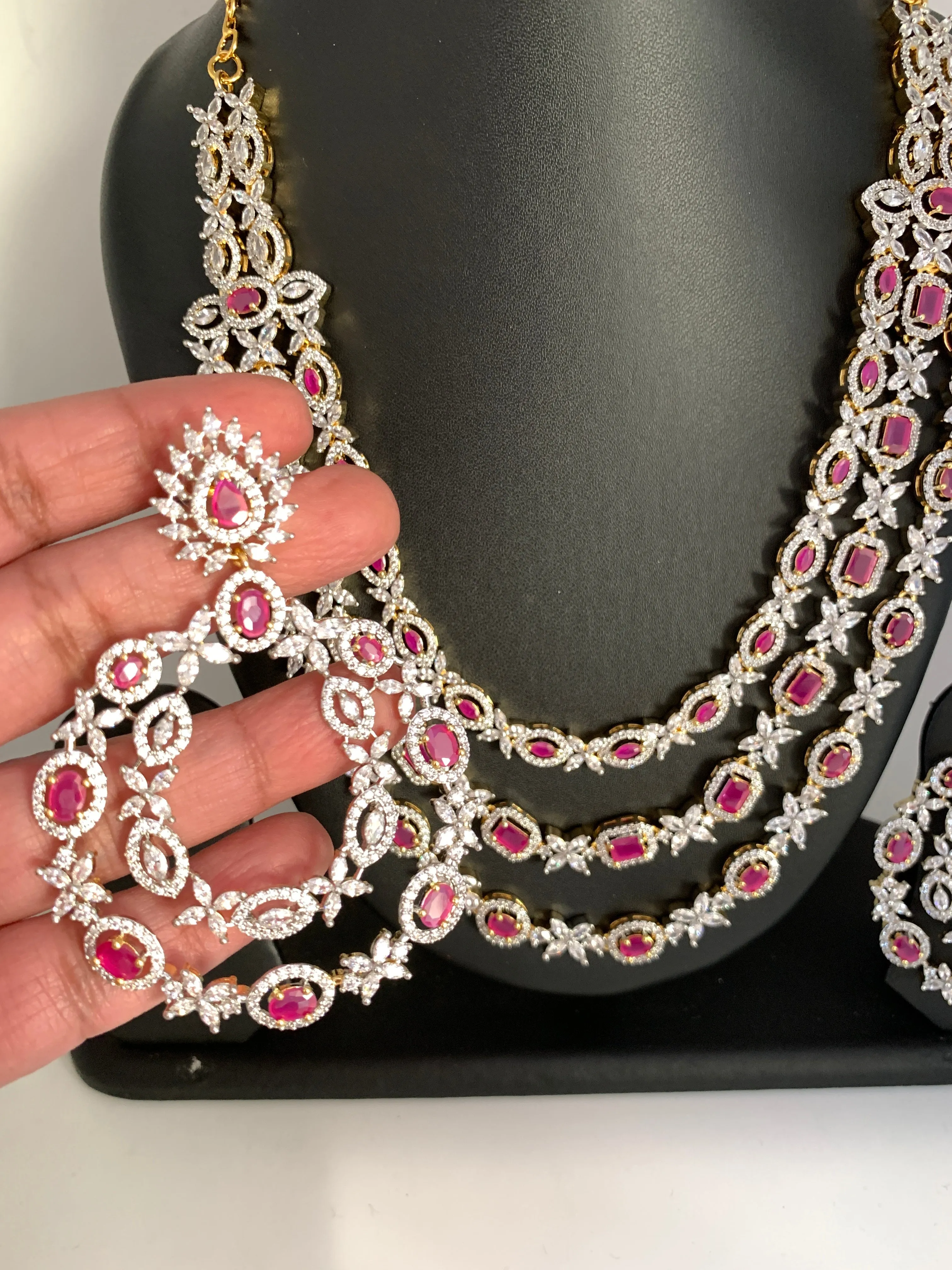 AD Ruby Red Stone Three Layer Short Necklace