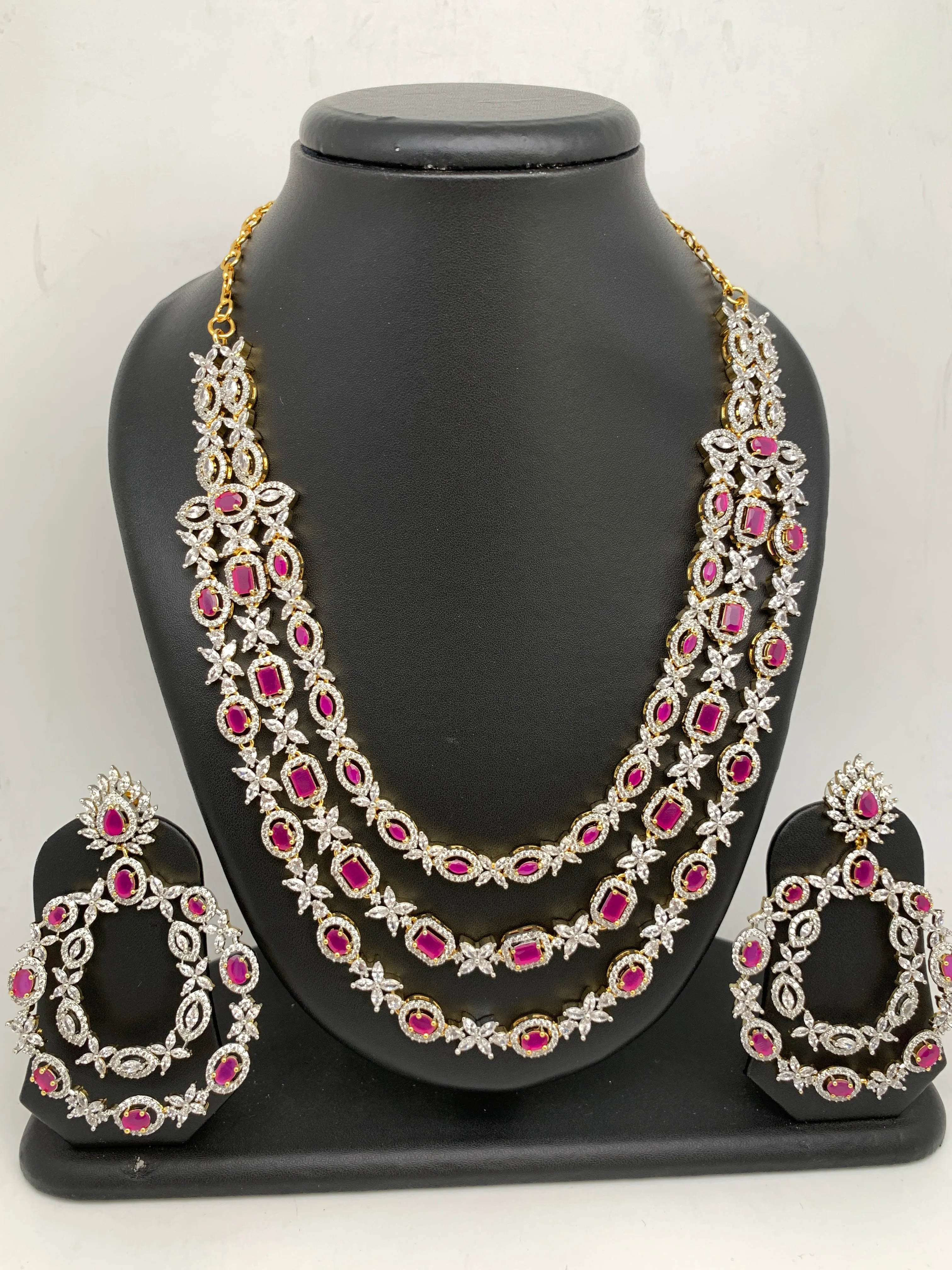 AD Ruby Red Stone Three Layer Short Necklace
