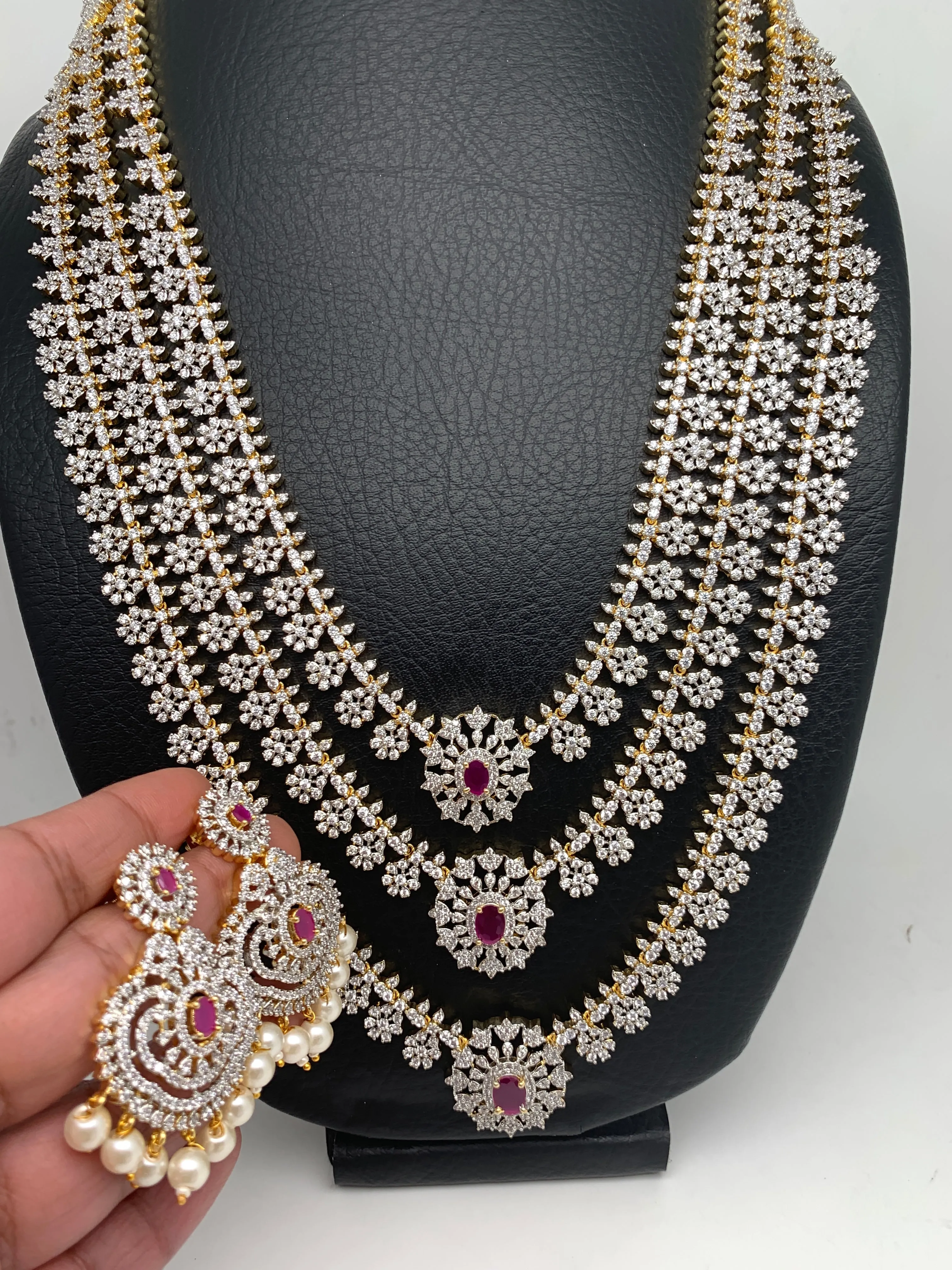 AD Ruby Red Stone Triple Layer Teen Lada Long Necklace