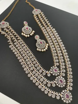 AD Ruby Red Stone Triple Layer Teen Lada Long Necklace
