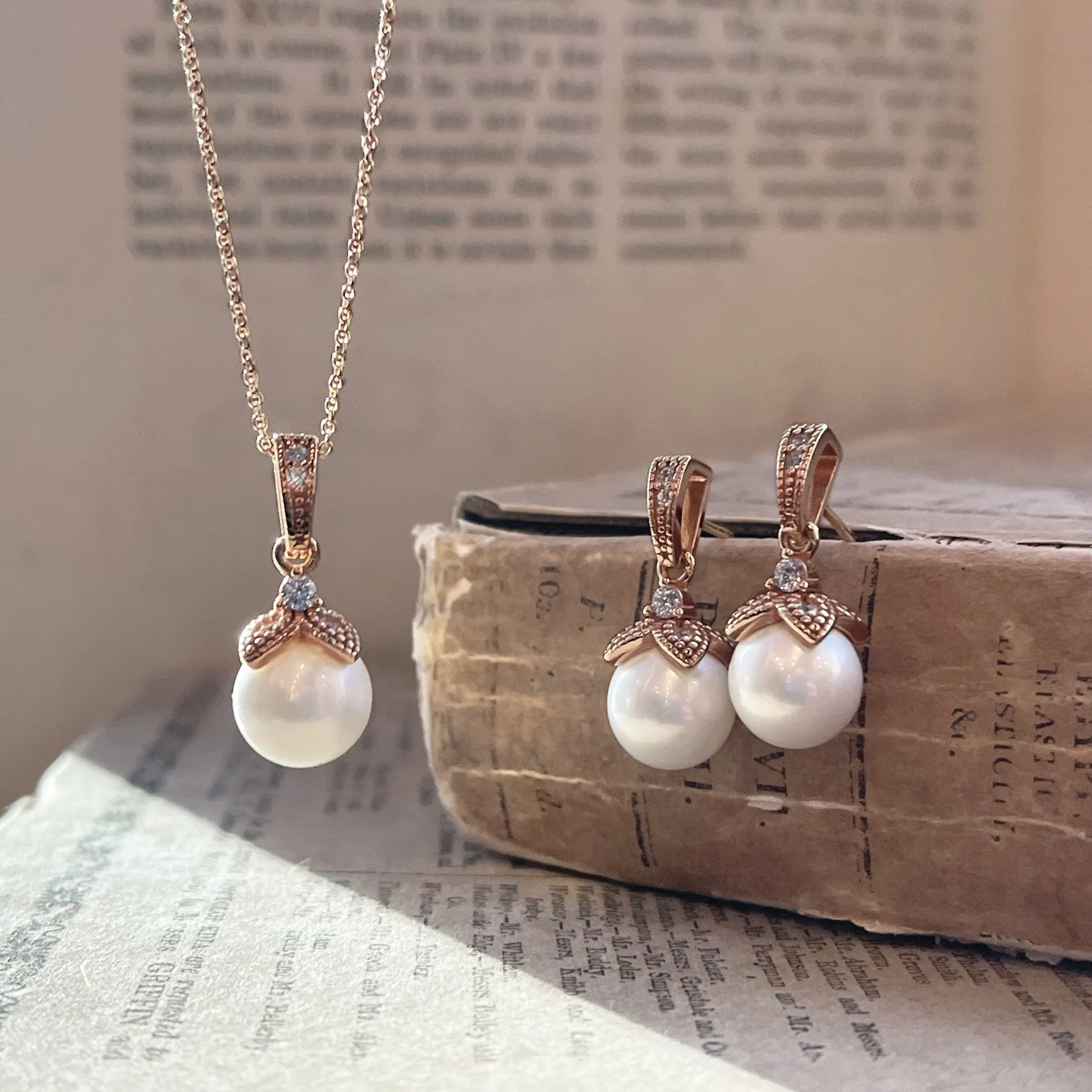Ariel Wedding Jewellery Set, Rose Gold Crystal Pearl Drop Earrings with Pendant Necklace