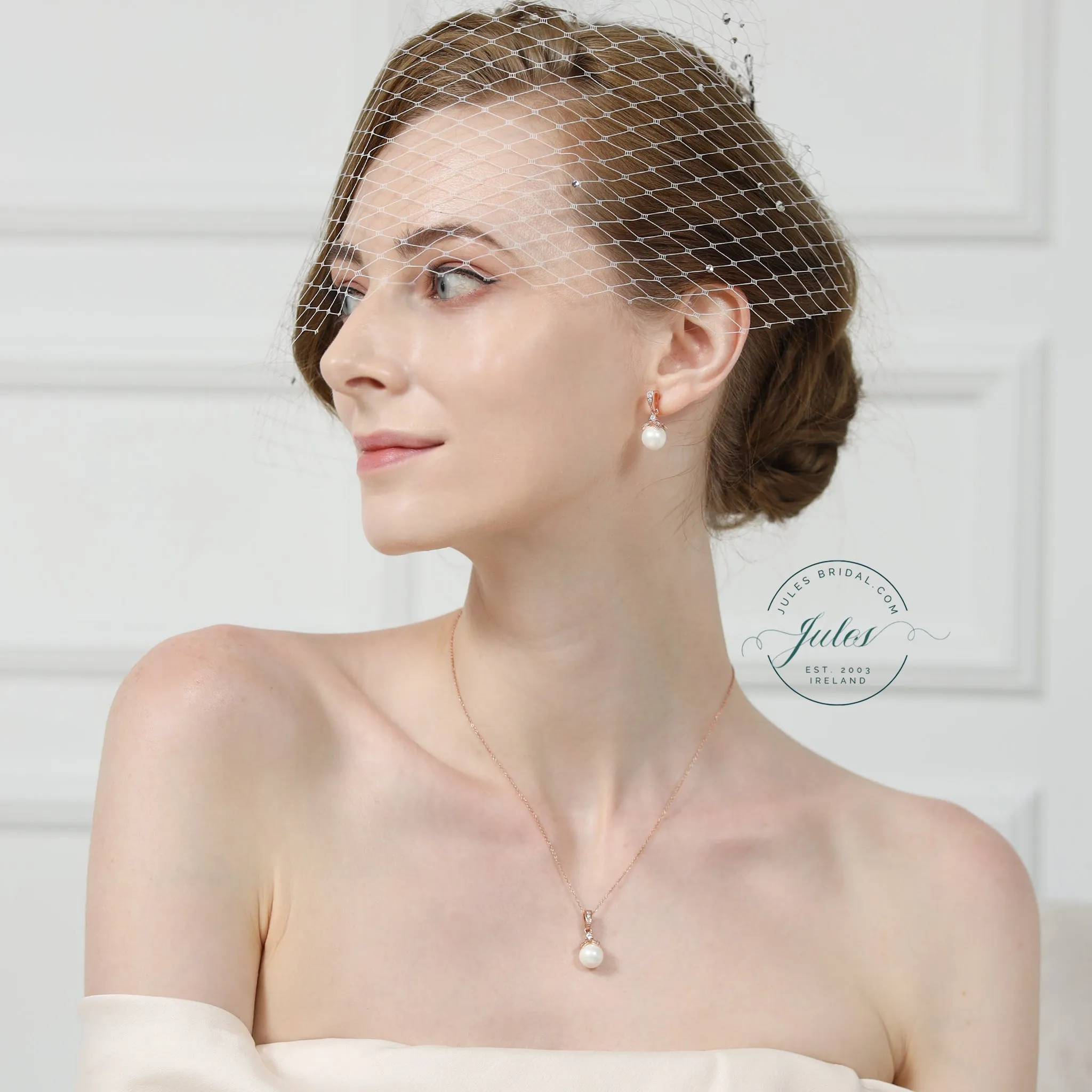Ariel Wedding Jewellery Set, Rose Gold Crystal Pearl Drop Earrings with Pendant Necklace