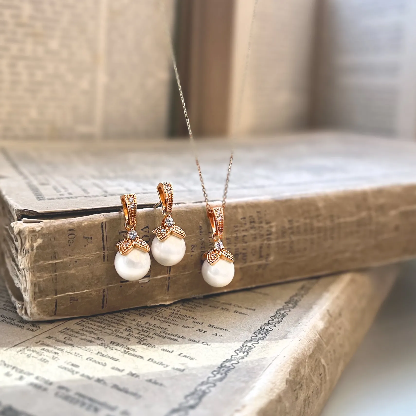 Ariel Wedding Jewellery Set, Rose Gold Crystal Pearl Drop Earrings with Pendant Necklace