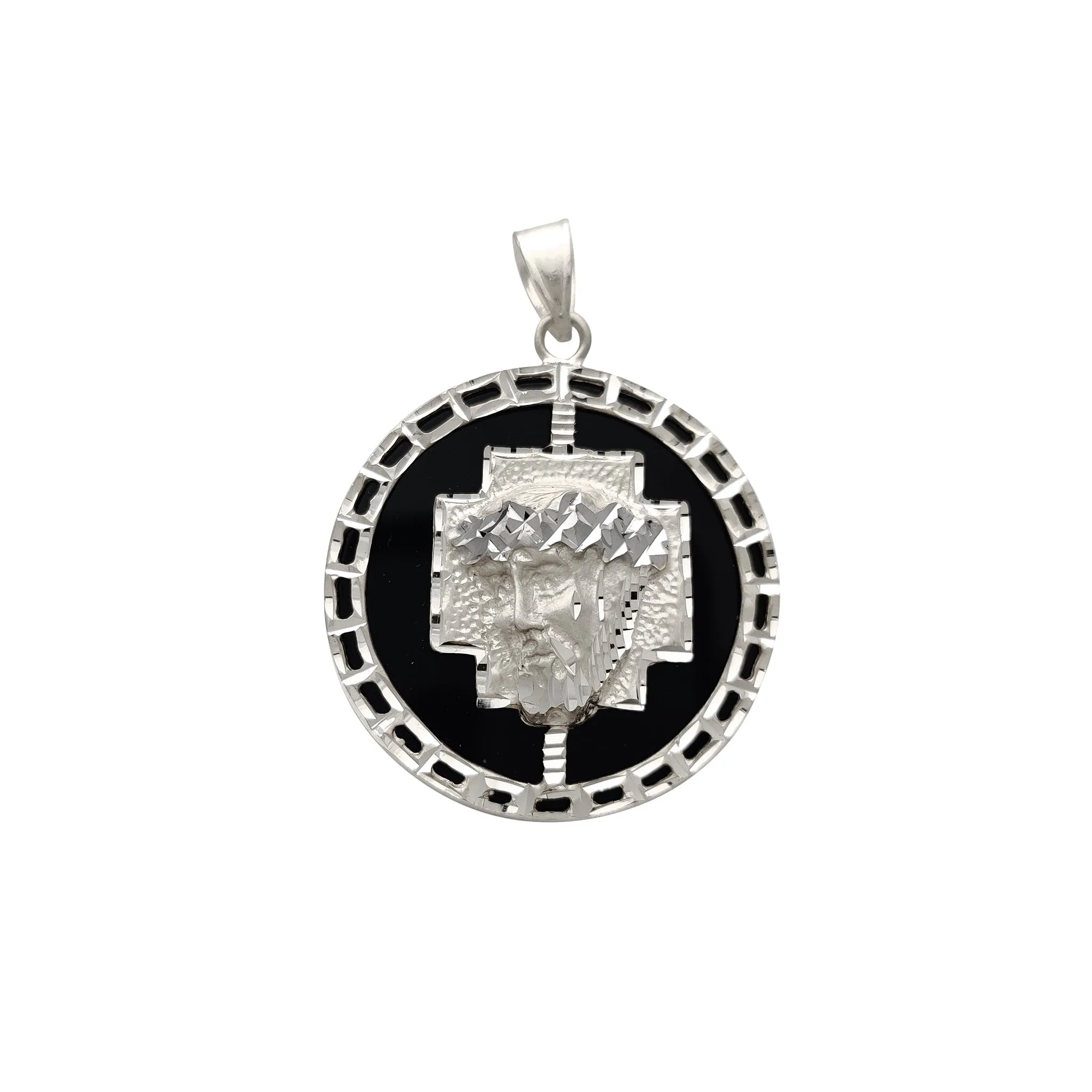 Black Onyx Jesus Head Cross Medallion Pendant (14K)