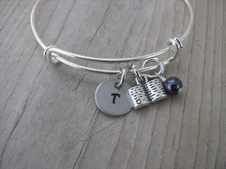 Book Charm Bracelet -Adjustable Bangle Bracelet with an Initial Charm and an Accent Bead of your choice