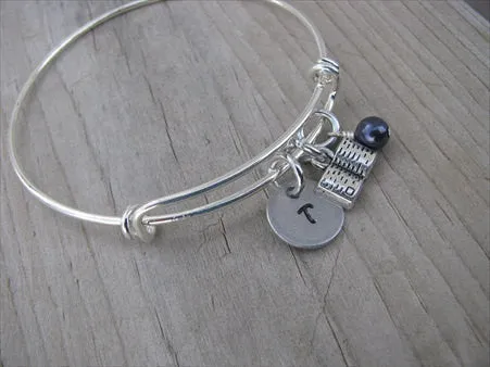 Book Charm Bracelet -Adjustable Bangle Bracelet with an Initial Charm and an Accent Bead of your choice