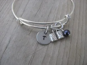 Book Charm Bracelet -Adjustable Bangle Bracelet with an Initial Charm and an Accent Bead of your choice