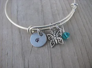 Butterfly Charm Bracelet -Adjustable Bangle Bracelet with an Initial Charm and an Accent Bead of your choice