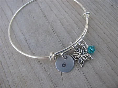 Butterfly Charm Bracelet -Adjustable Bangle Bracelet with an Initial Charm and an Accent Bead of your choice