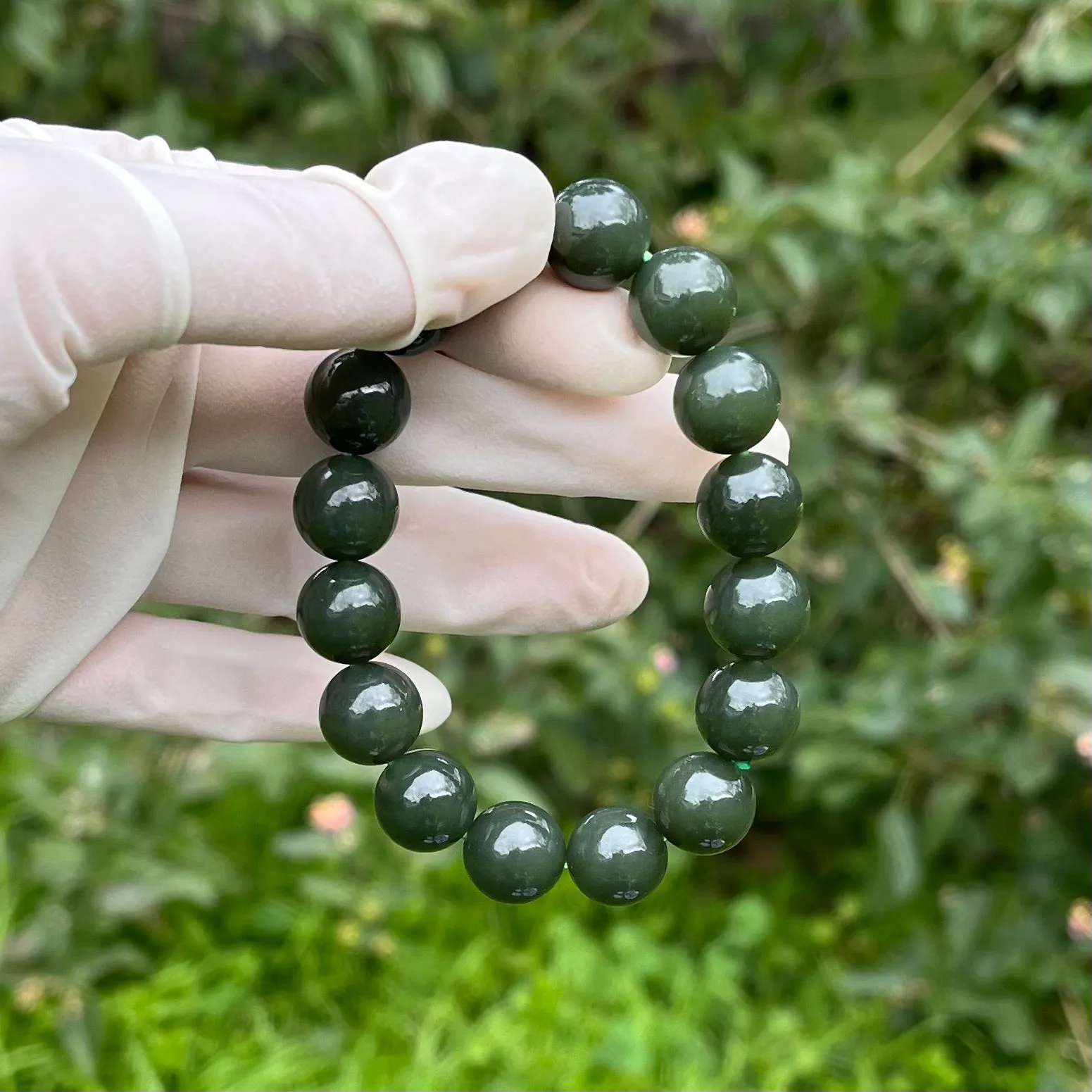 Certified genuine Deep Green Hetian Jade Bracelet - 11.7mm large beads 6.5 inch length