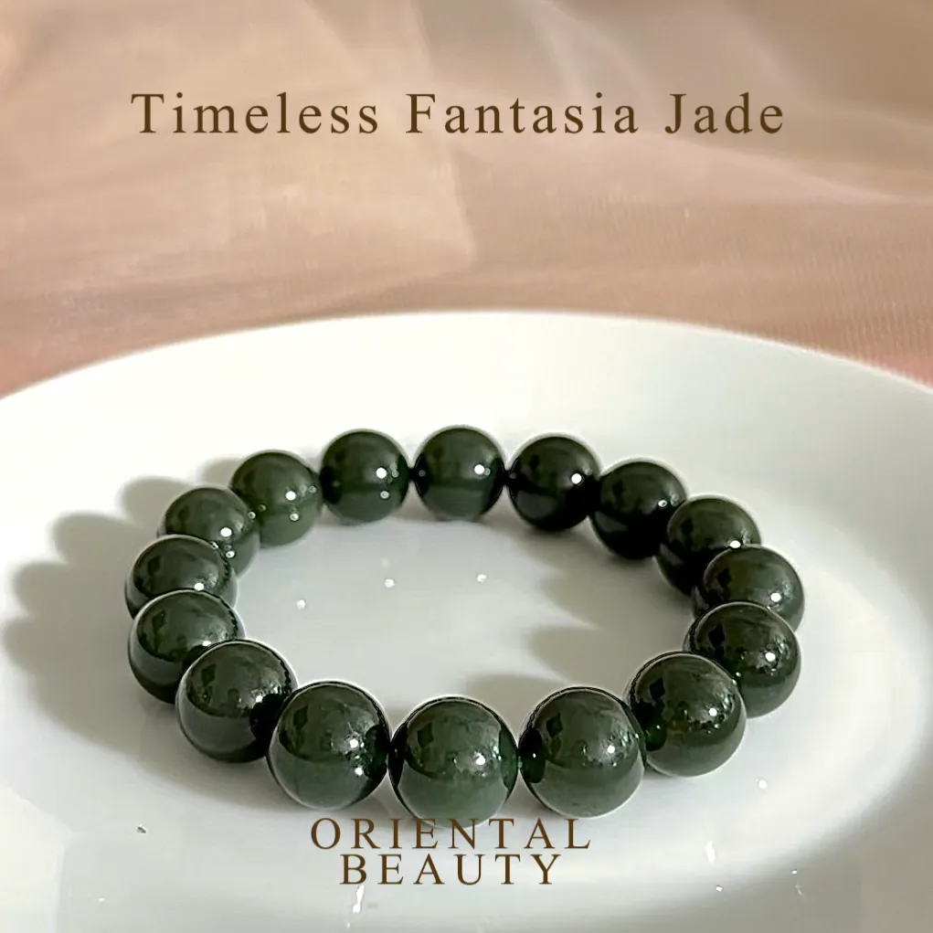 Certified genuine Deep Green Hetian Jade Bracelet - 11.7mm large beads 6.5 inch length