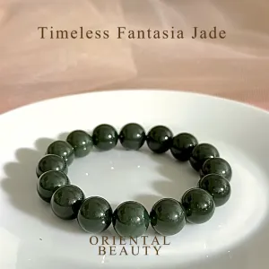 Certified genuine Deep Green Hetian Jade Bracelet - 11.7mm large beads 6.5 inch length
