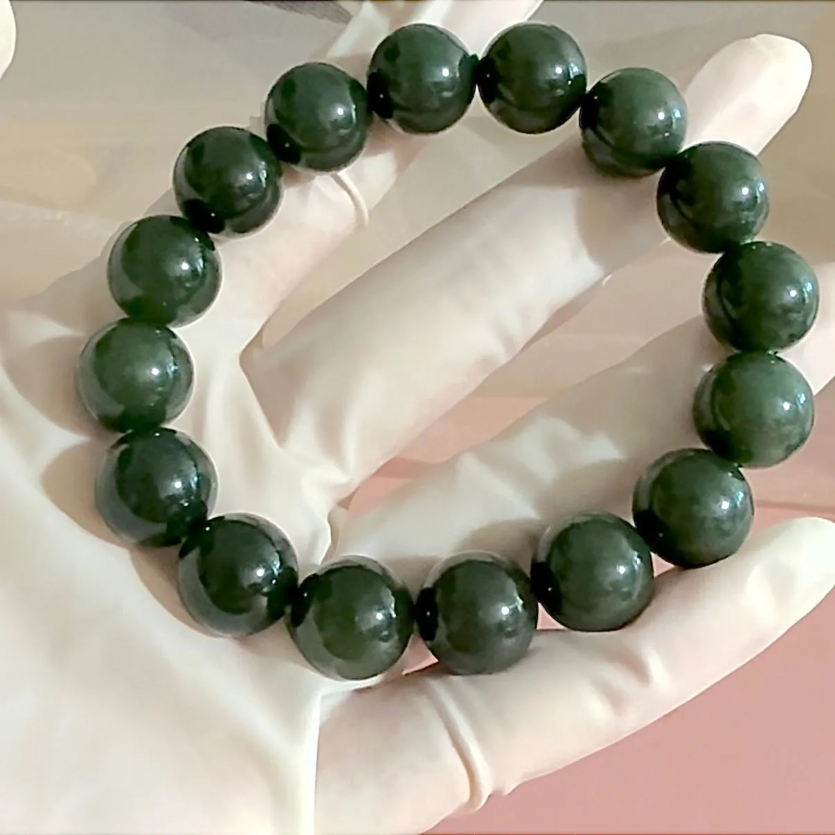 Certified genuine Deep Green Hetian Jade Bracelet - 11.7mm large beads 6.5 inch length