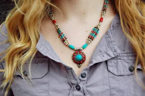 Coral and Turquoise Multi-Strand Bead Necklace