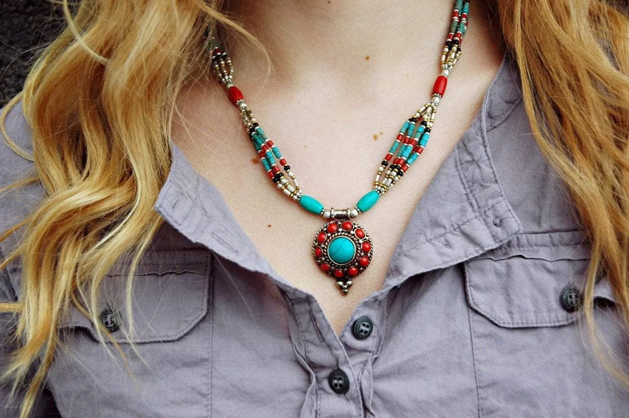 Coral and Turquoise Multi-Strand Bead Necklace