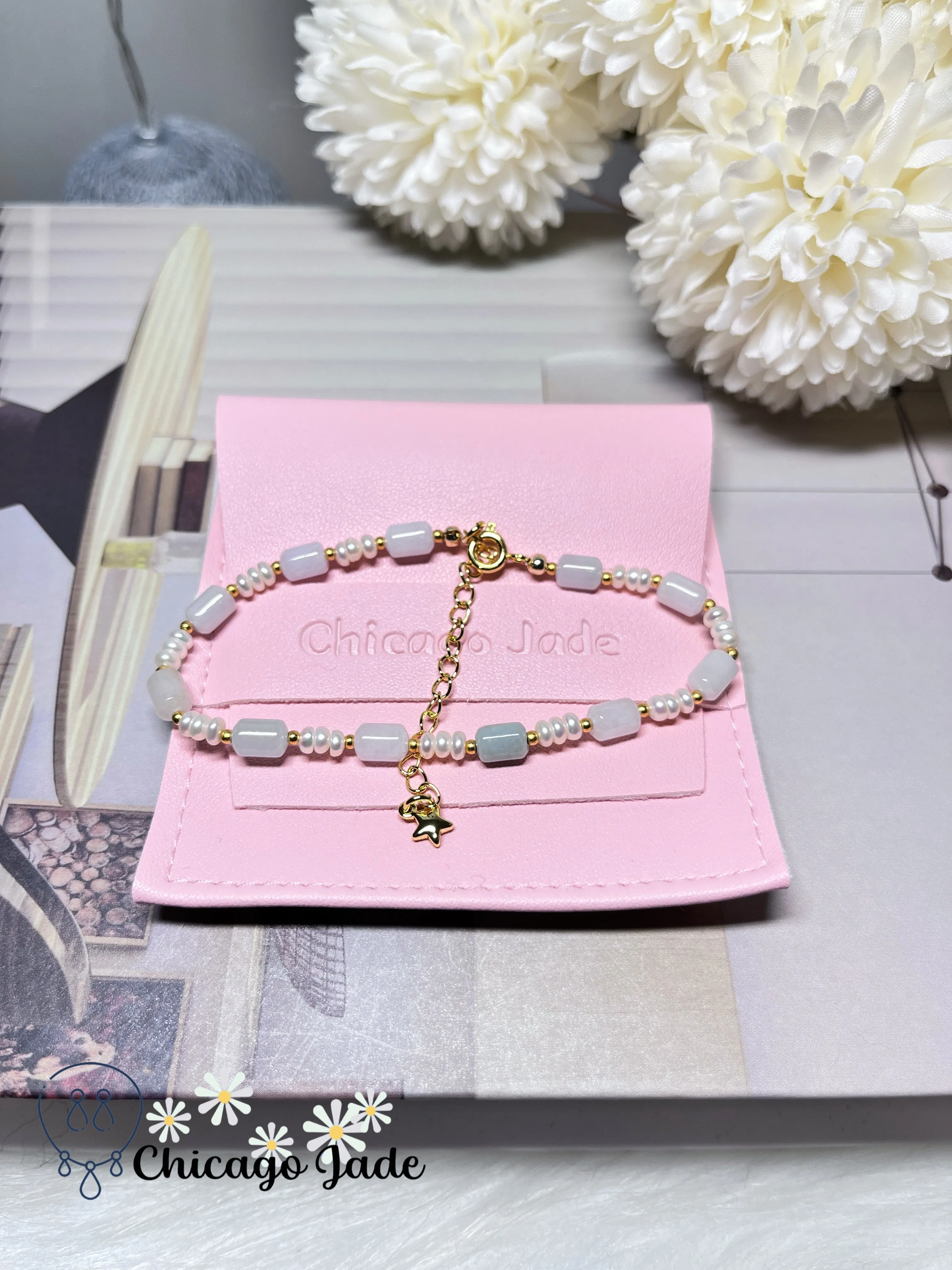 Dainty Elegant Minimalist Natural Grade A Authentic Jadeite Jade Feicui with Freshwater Pearl Handmade Bracelet