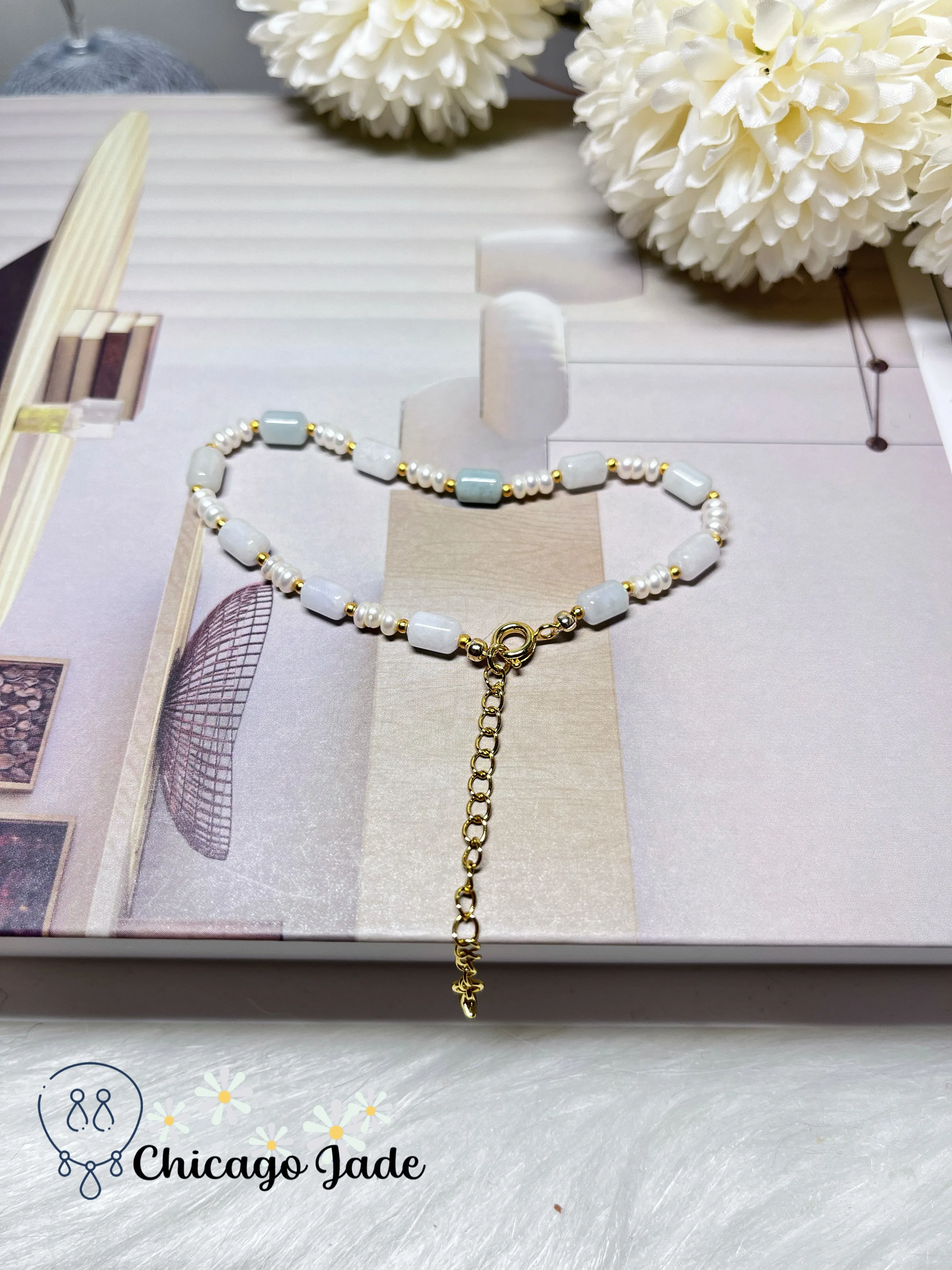Dainty Elegant Minimalist Natural Grade A Authentic Jadeite Jade Feicui with Freshwater Pearl Handmade Bracelet