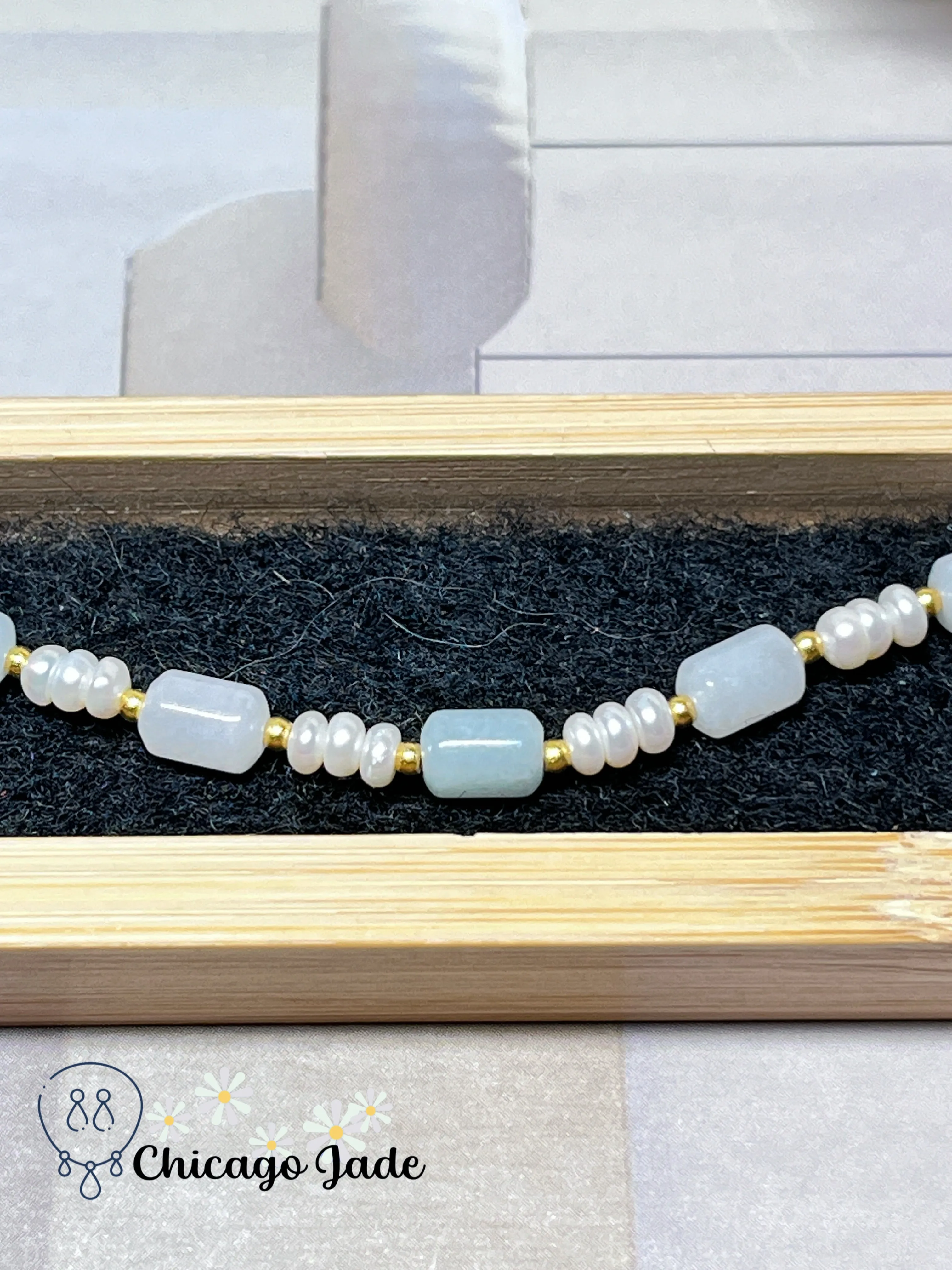Dainty Elegant Minimalist Natural Grade A Authentic Jadeite Jade Feicui with Freshwater Pearl Handmade Bracelet