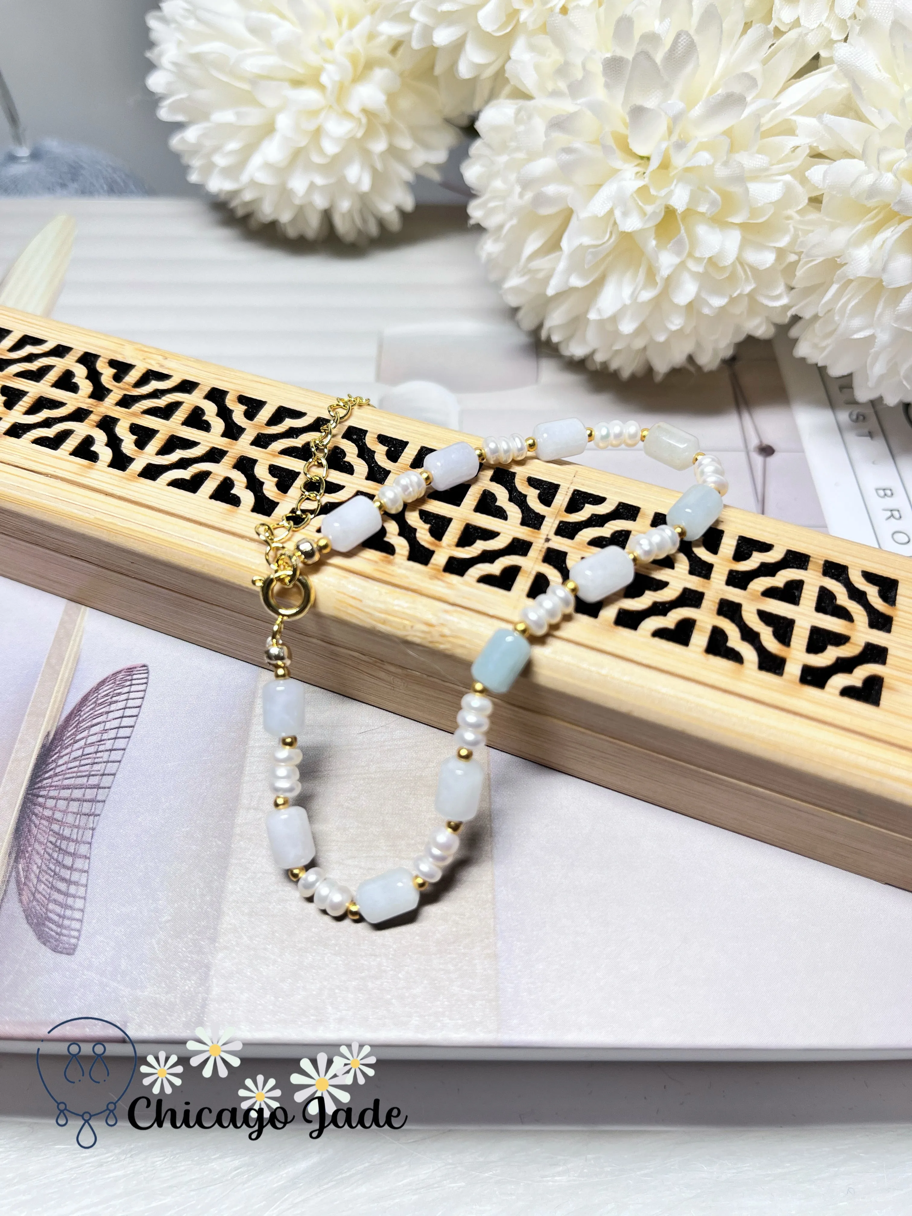 Dainty Elegant Minimalist Natural Grade A Authentic Jadeite Jade Feicui with Freshwater Pearl Handmade Bracelet