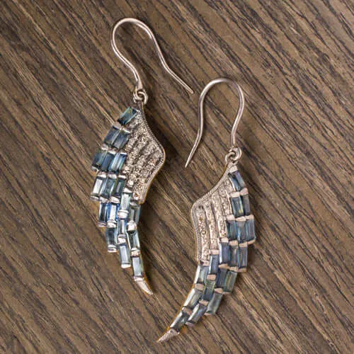 DIAMOND SAPPHIRE ANGEL WING EARRINGS NATURAL DANGLE DROP ART DECO VINTAGE STYLE
