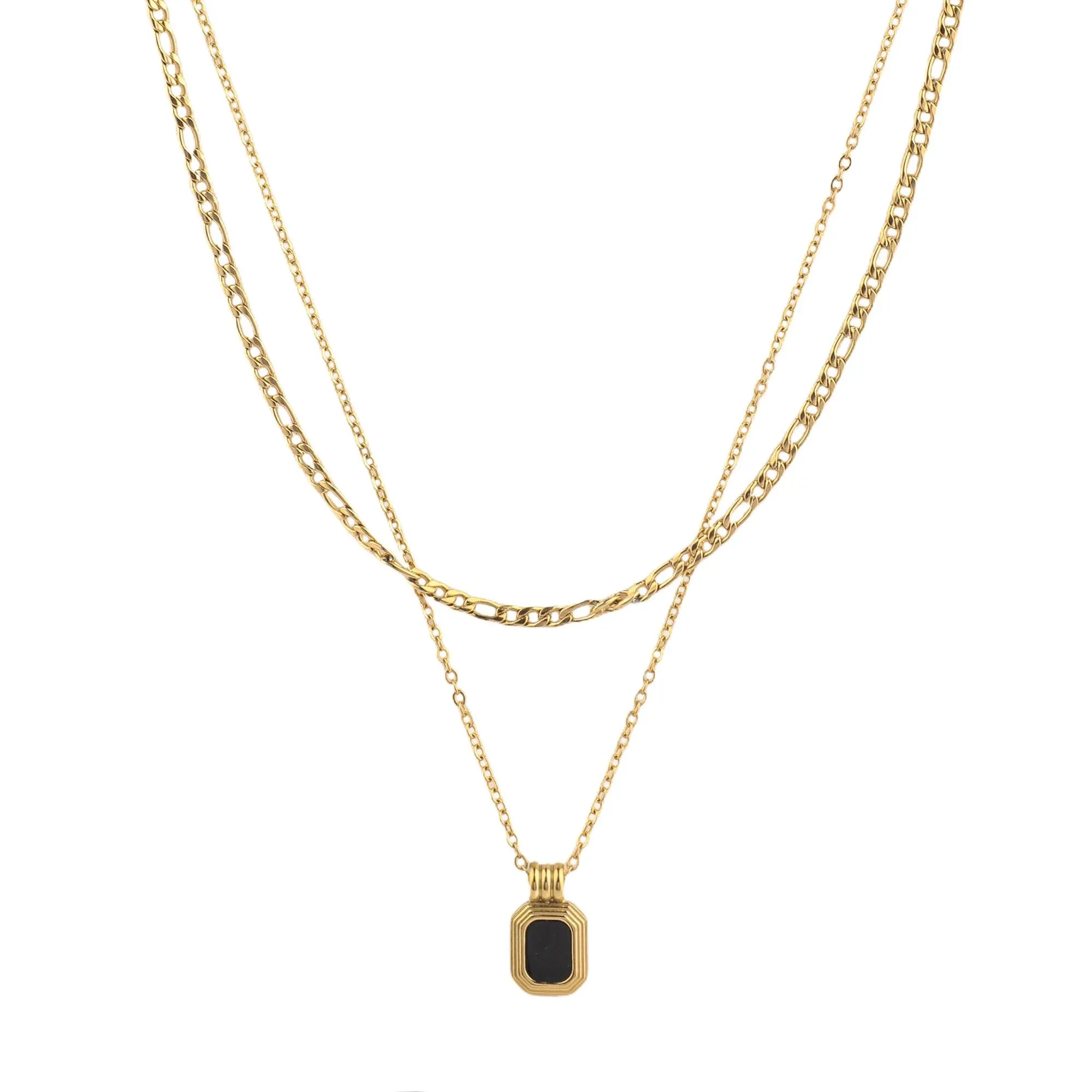 Double Layered Onyx Pendant Necklace in Gold