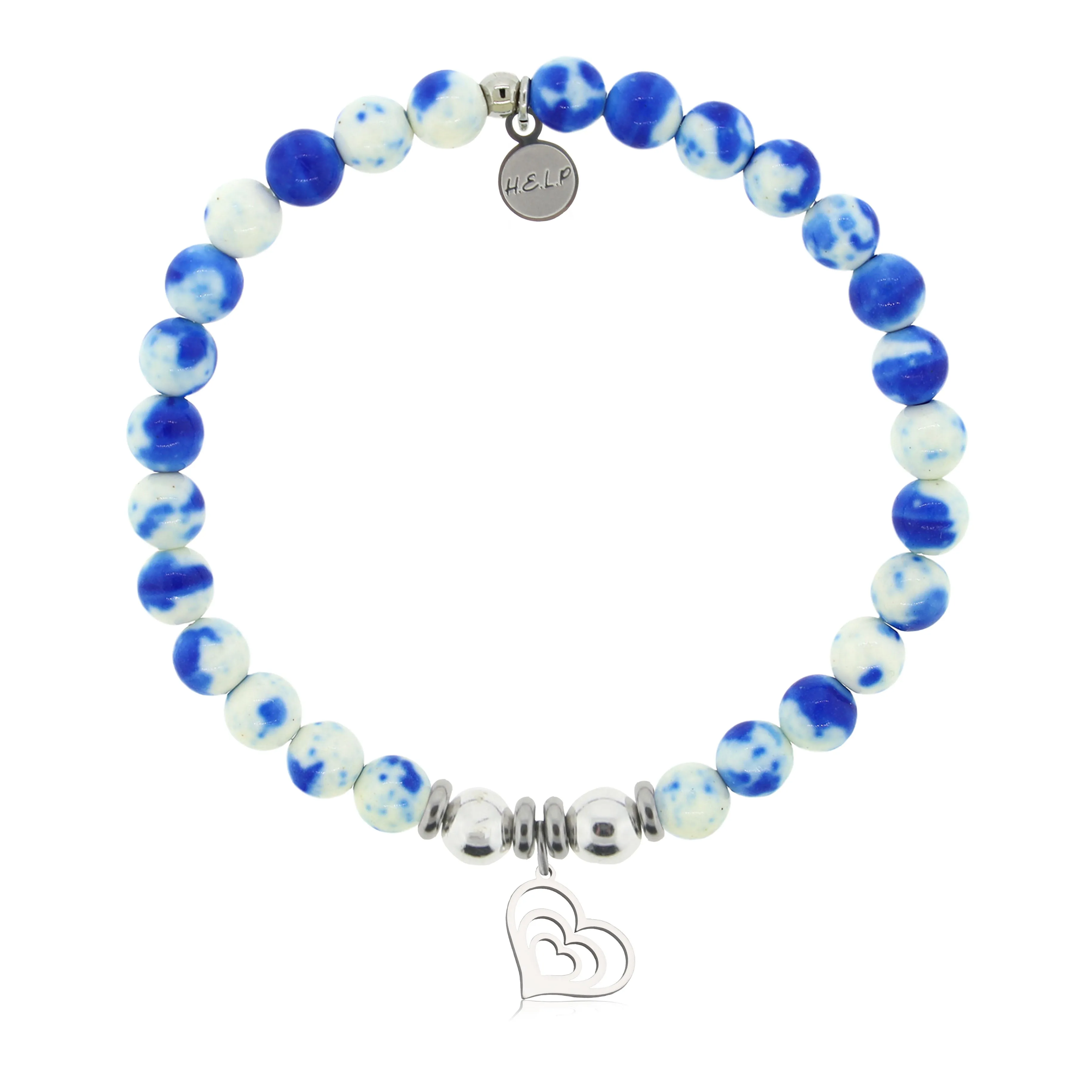 Family Heart Charm with Blue and White Jade Charity Bracelet