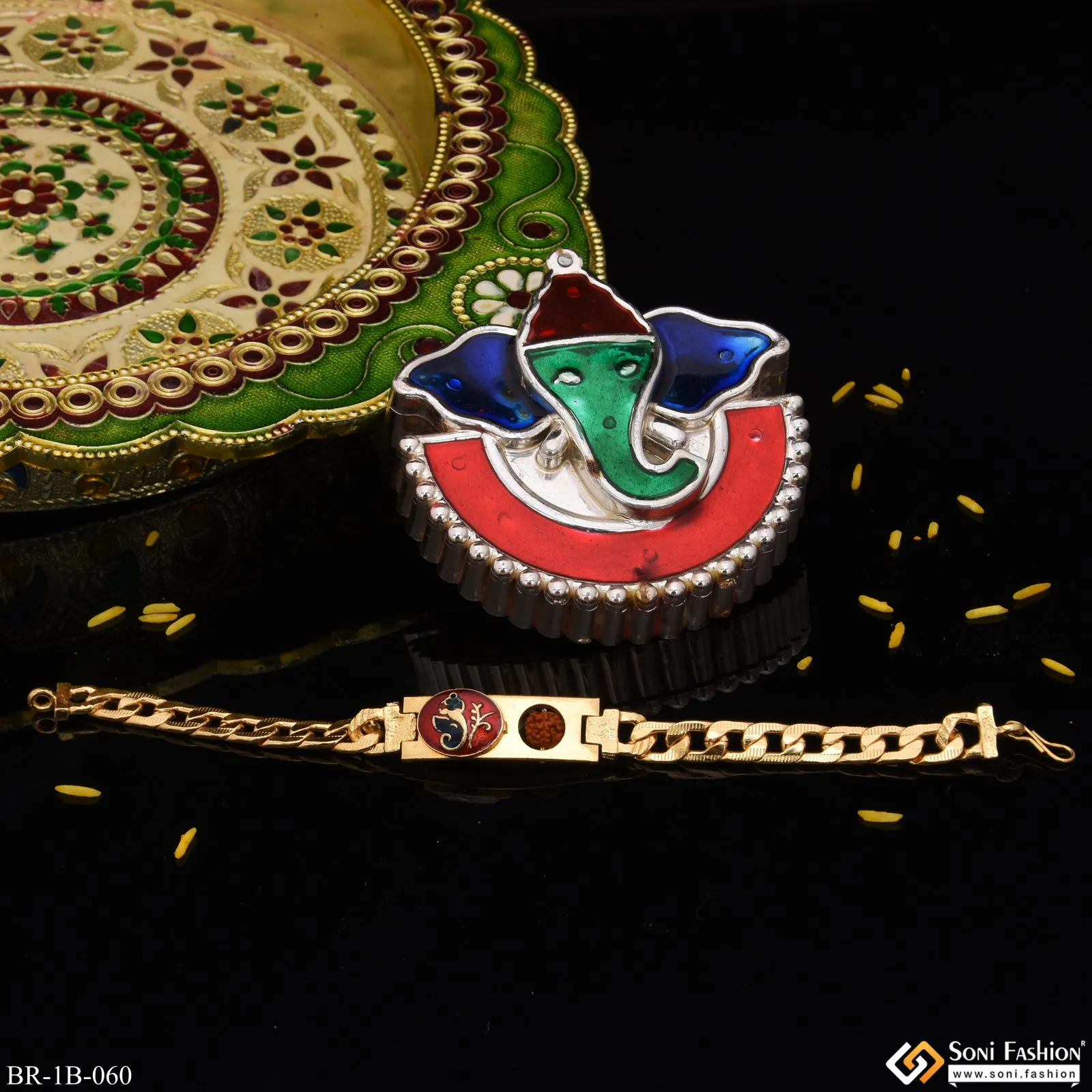 Ganesha With Bead Delicate Design Gold Plated Bracelet - Style B060