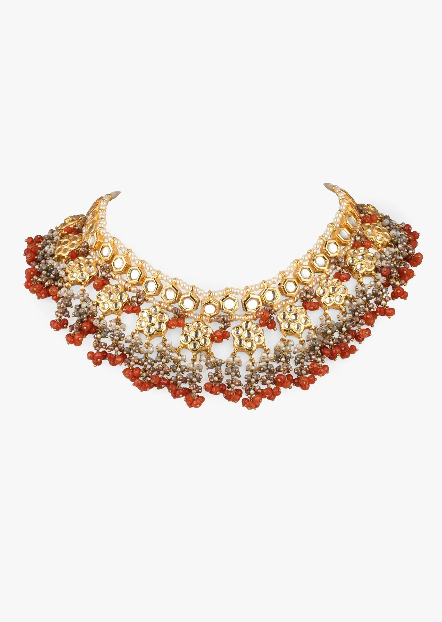 Gold Plated Necklace And Jhumka Set With Hexagon Polki And Beads Fringes In Coral And Grey Tones