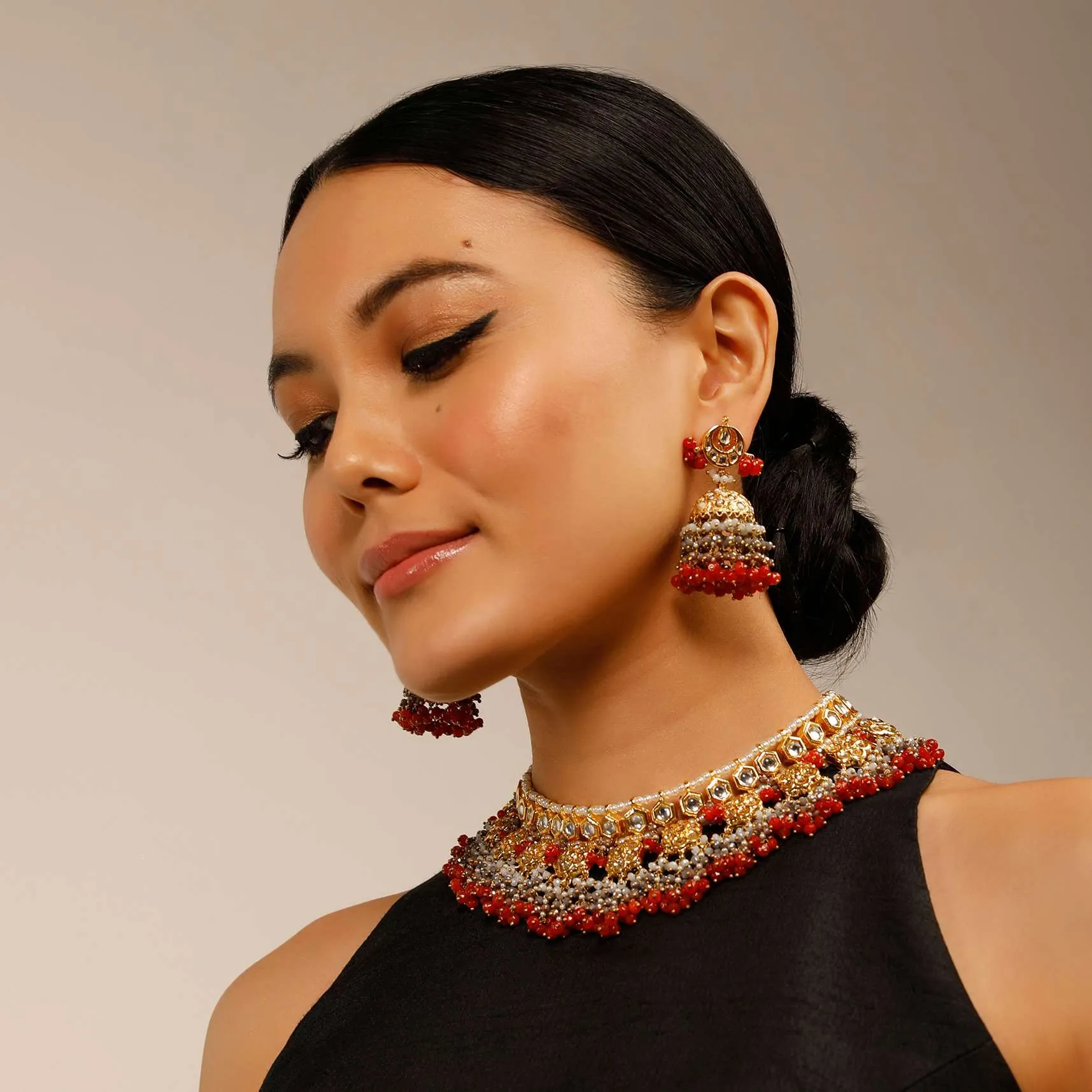 Gold Plated Necklace And Jhumka Set With Hexagon Polki And Beads Fringes In Coral And Grey Tones