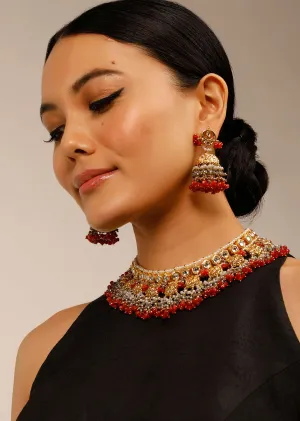 Gold Plated Necklace And Jhumka Set With Hexagon Polki And Beads Fringes In Coral And Grey Tones