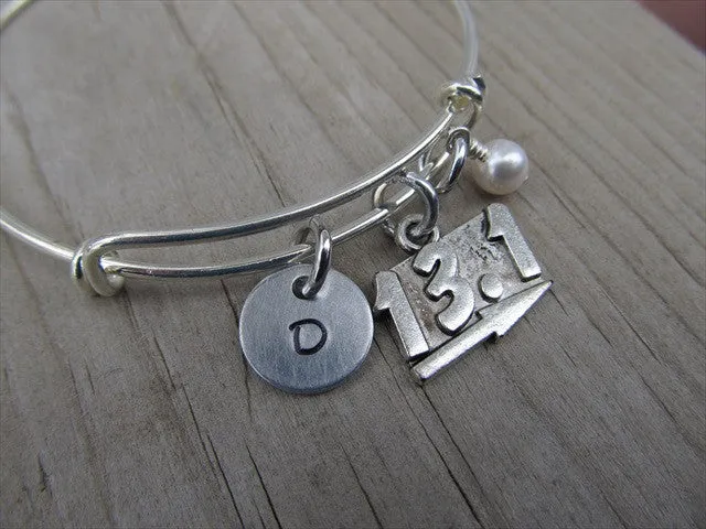 Half Marathon Charm Bracelet- Adjustable Bangle Bracelet with an Initial Charm and an Accent Bead of your choice