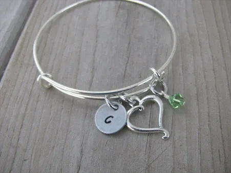 Heart Charm Bracelet- Adjustable Bangle Bracelet with an Initial Charm and an Accent Bead in your choice of colors