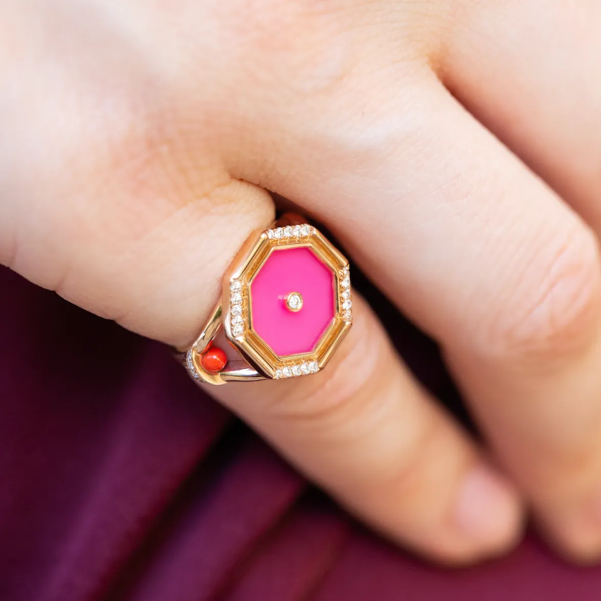 Hexagon Amulet Pinky Ring, Pink Agate