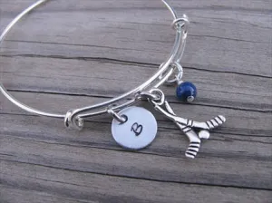 Hockey Charm Bracelet- Adjustable Bangle Bracelet with an Initial Charm and an Accent Bead in your choice of colors