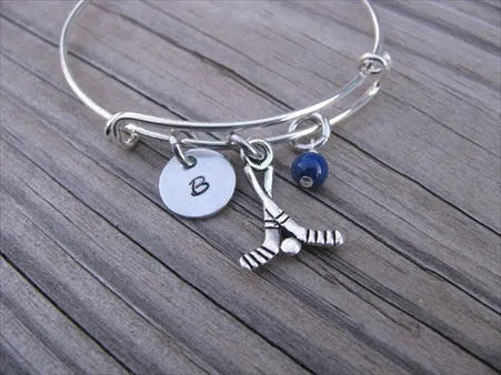 Hockey Charm Bracelet- Adjustable Bangle Bracelet with an Initial Charm and an Accent Bead in your choice of colors