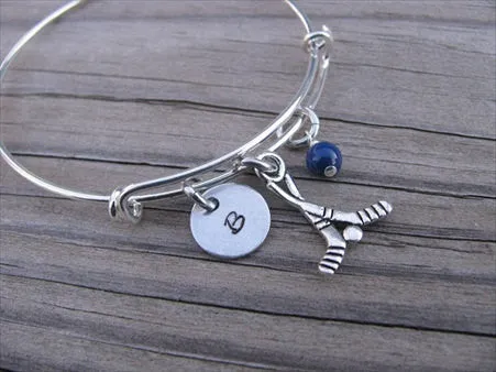 Hockey Charm Bracelet- Adjustable Bangle Bracelet with an Initial Charm and an Accent Bead in your choice of colors