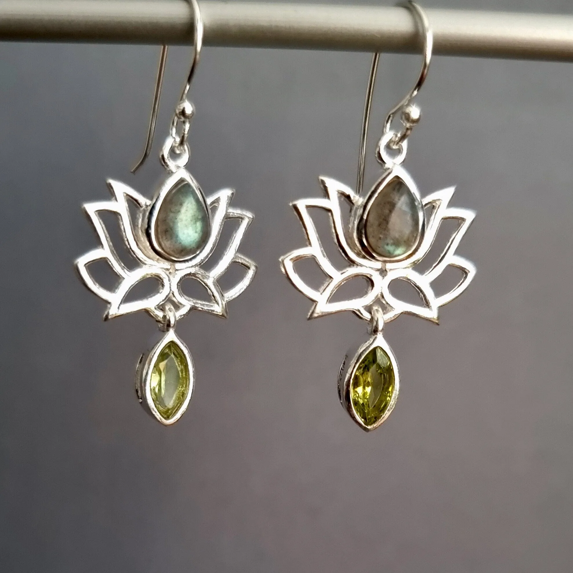 Labradorite Peridot Sterling Silver Lotus Flower Earrings, E64LABP