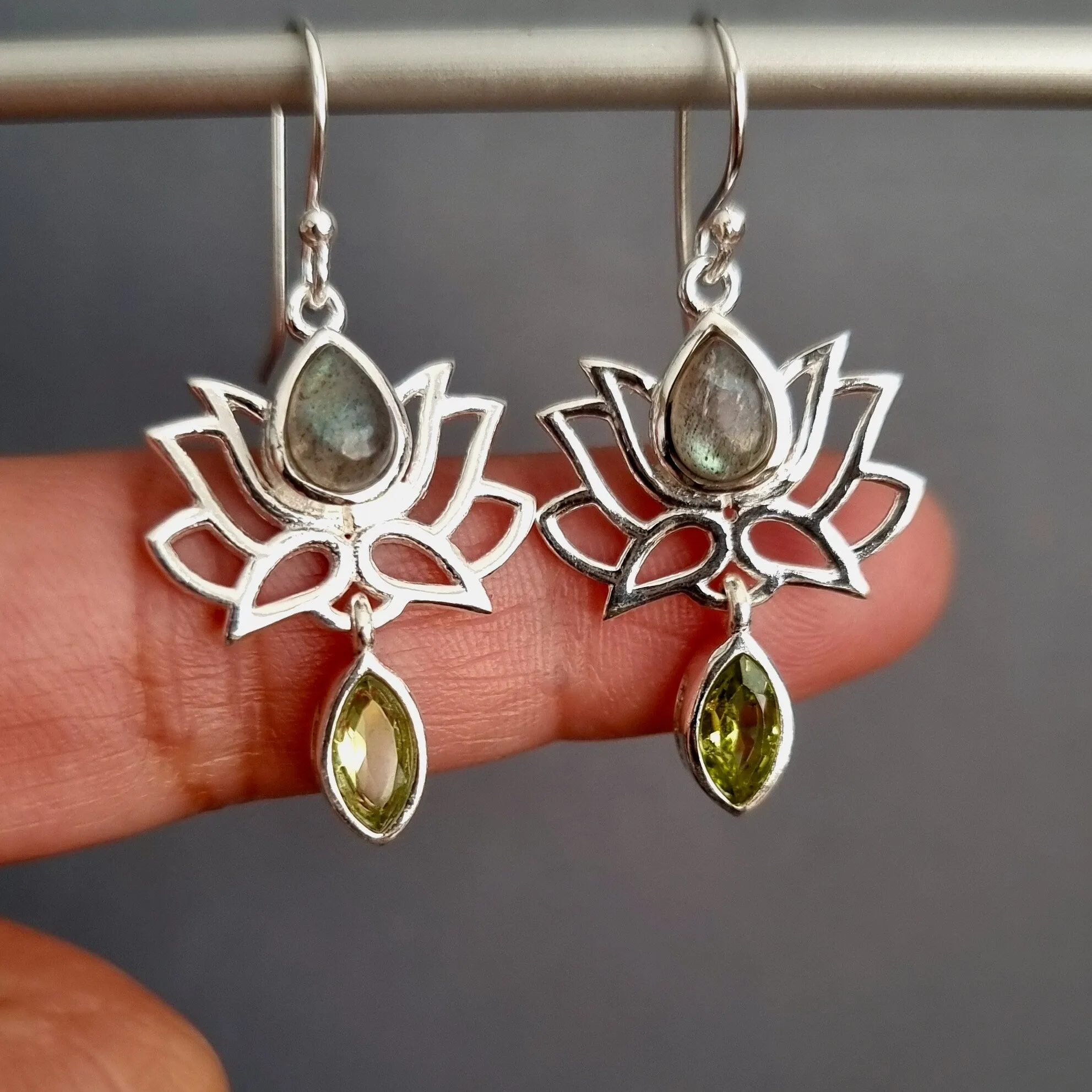 Labradorite Peridot Sterling Silver Lotus Flower Earrings, E64LABP
