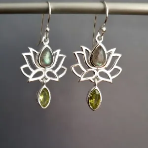 Labradorite Peridot Sterling Silver Lotus Flower Earrings, E64LABP