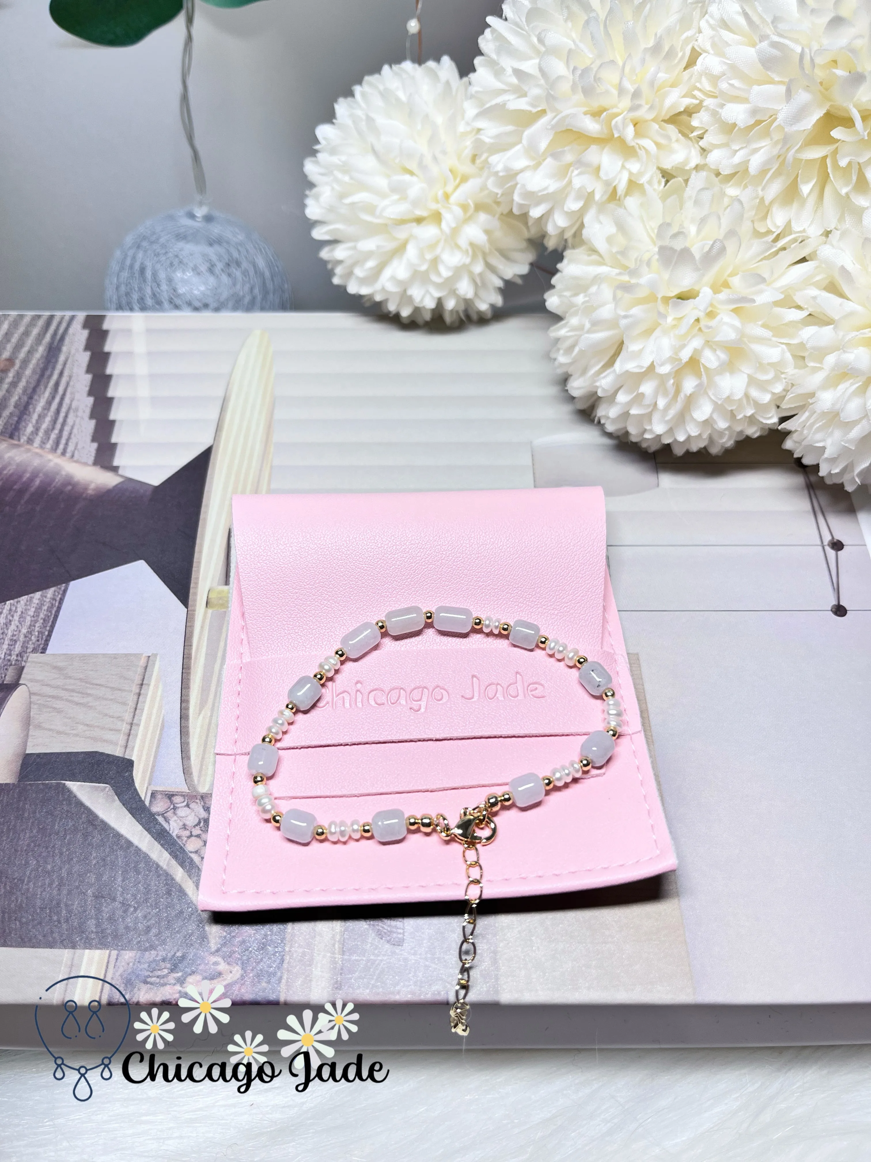 Natural Grade A Authentic Untreated Burma Jadeite Jade Feicui with Freshwater Pearls Handmade Bracelet